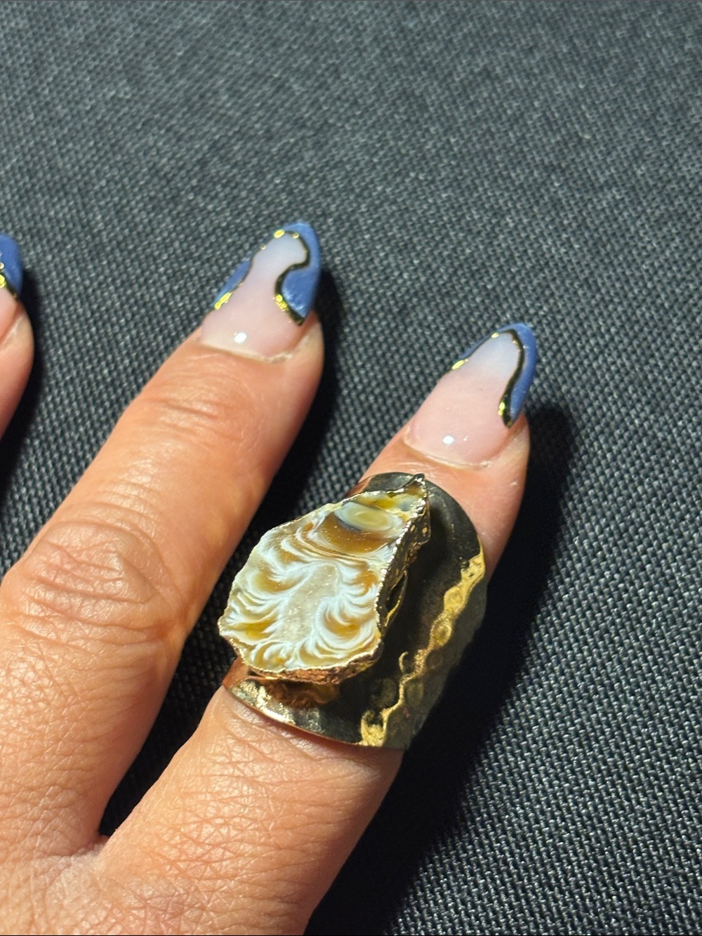 Gold Statement Ring with Cream and Brown Agate | size 6